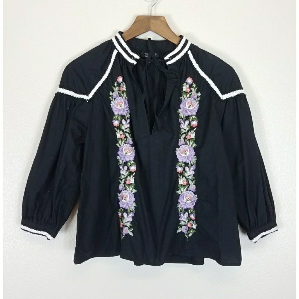TOPSHOP Black embroidered peasant top